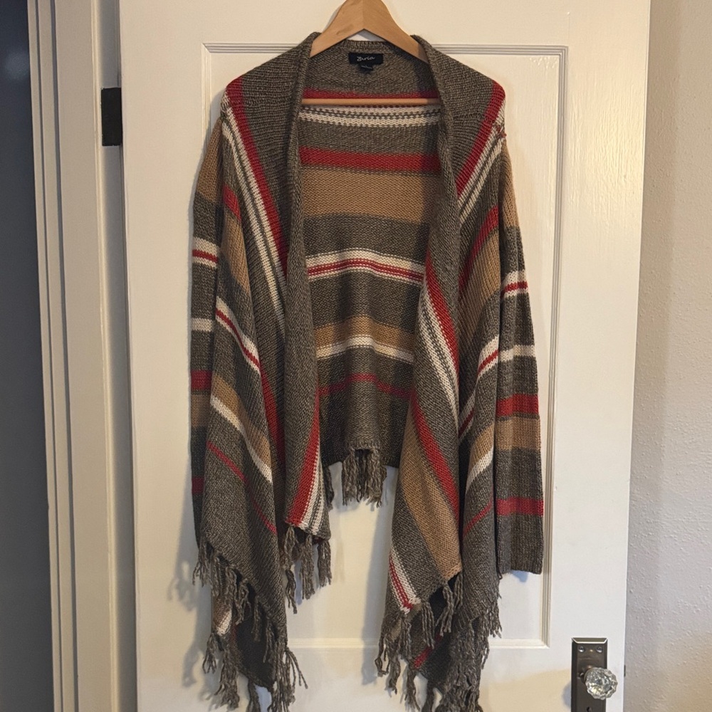 Zaria Striped Knit Shawl Cardigan Fringed Hem Brown‎ Red Beige Women's - L